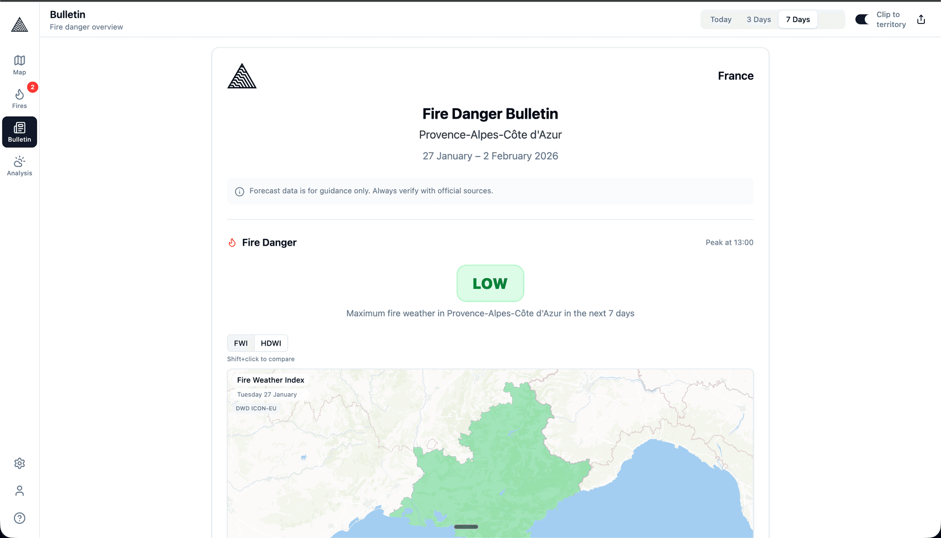 Published fire weather bulletin with danger levels