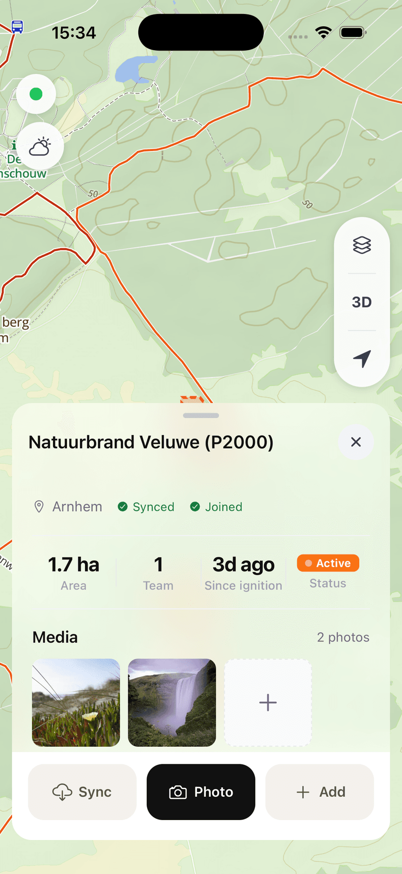 FieldKit mobile app showing active incidents on map