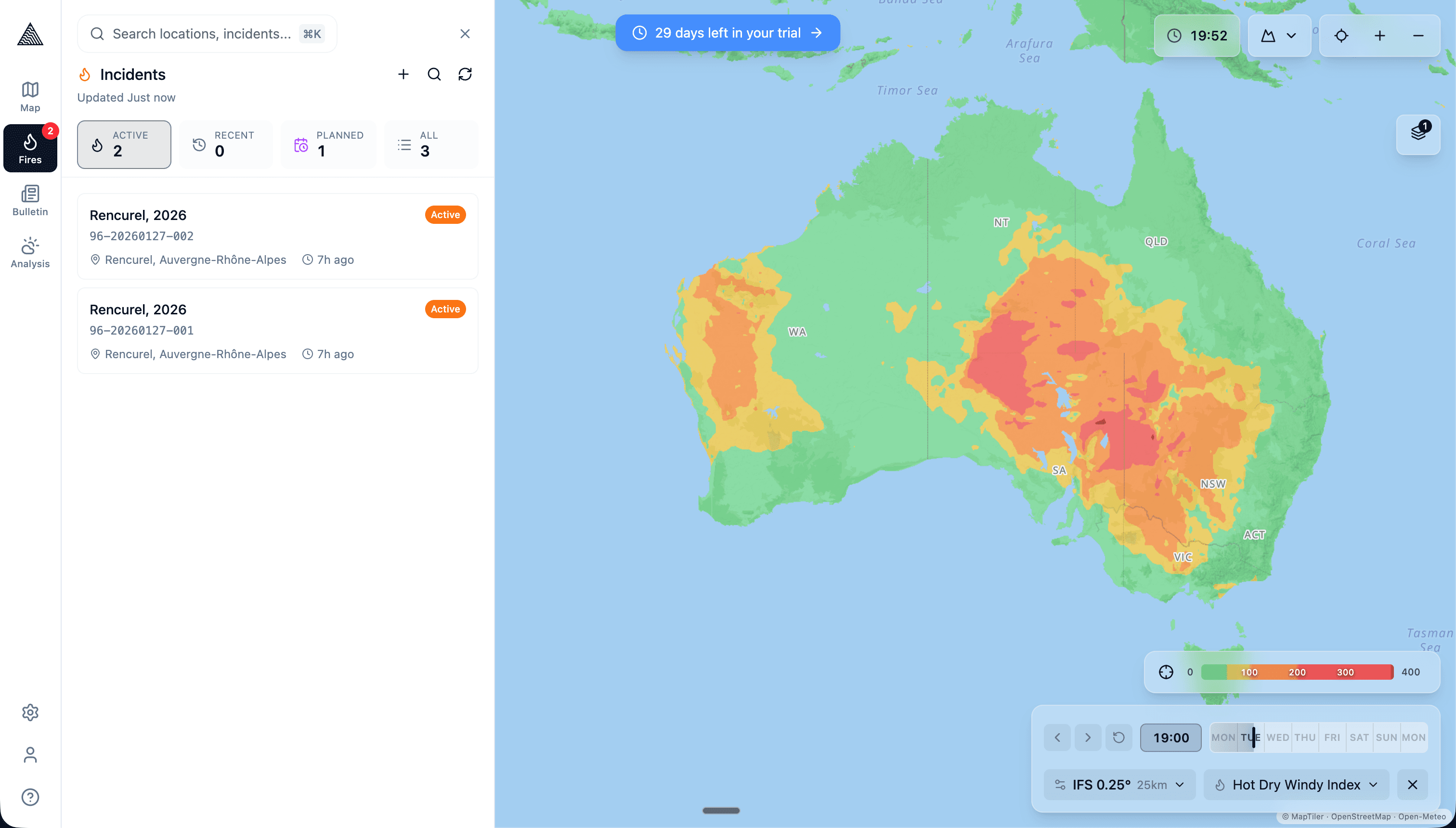 Wildflyer platform showing fire danger analysis
