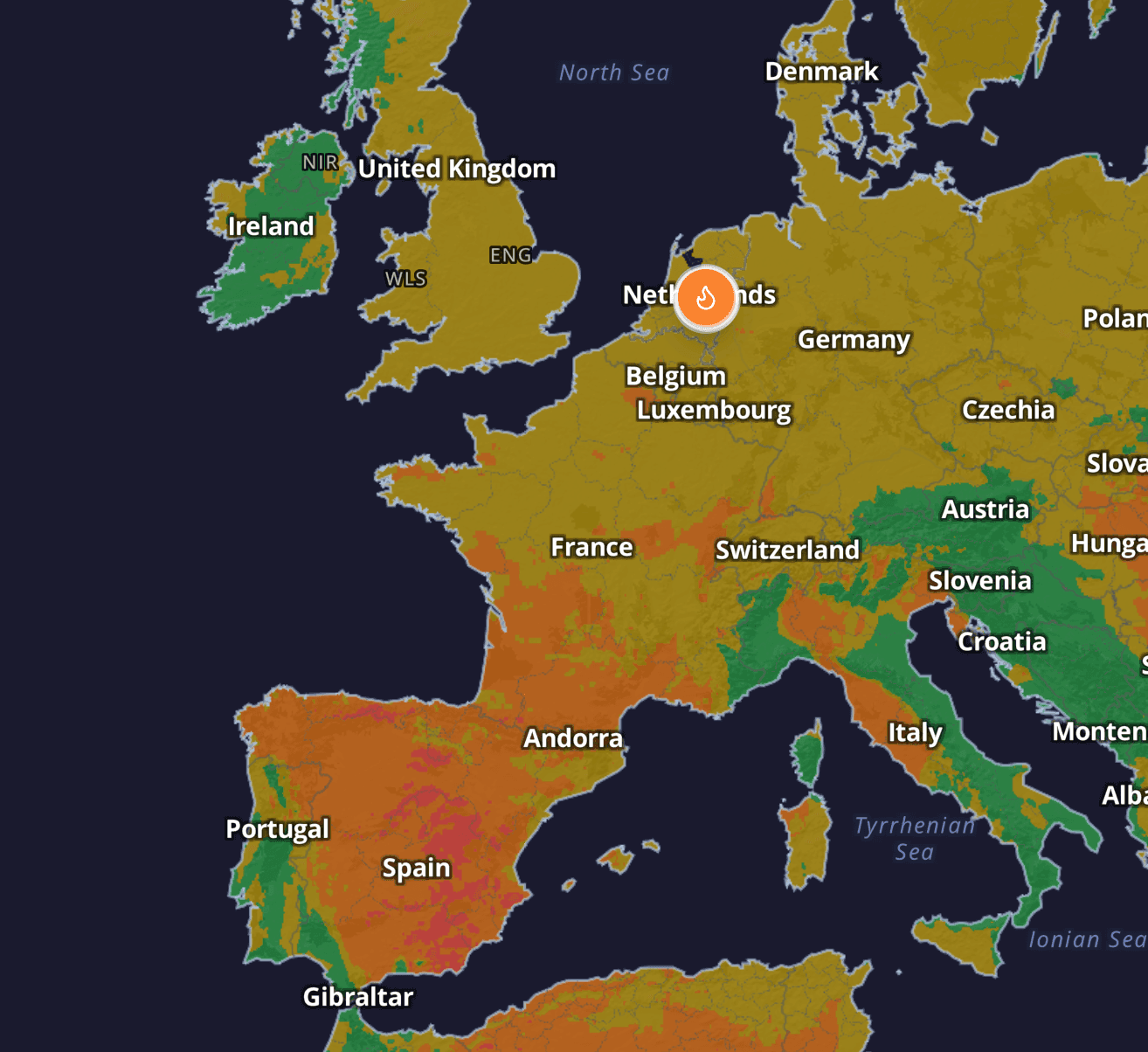 Wildflyer Analysis platform showing European fire danger overview