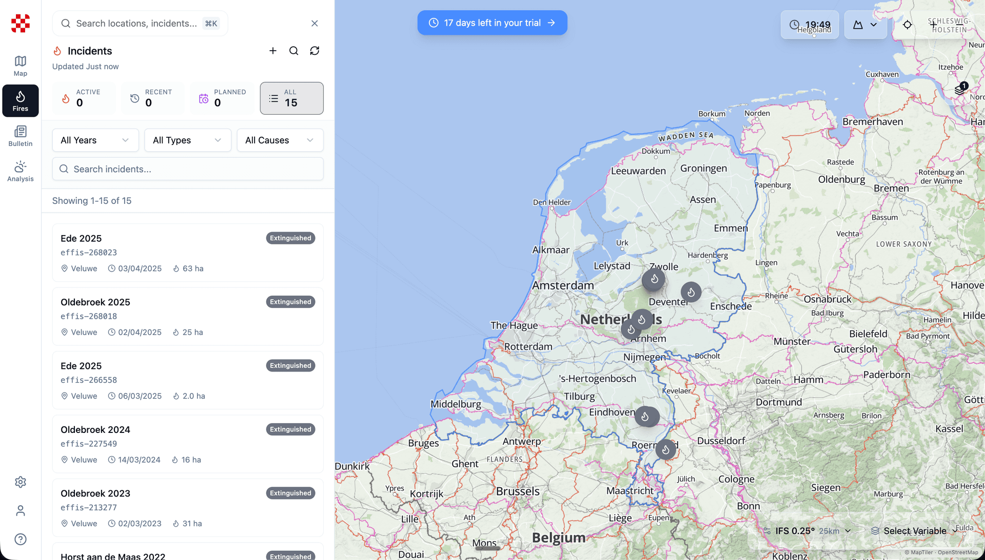 Incident list showing recent events